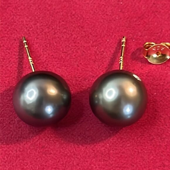 Tahitian Pearl in Vermeil Yellow Gold over 925 Silver Stud Earrings 8-9mm - Picture 7 of 12